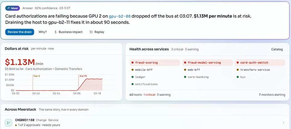 Observe overview in the Meerstack console, sample data