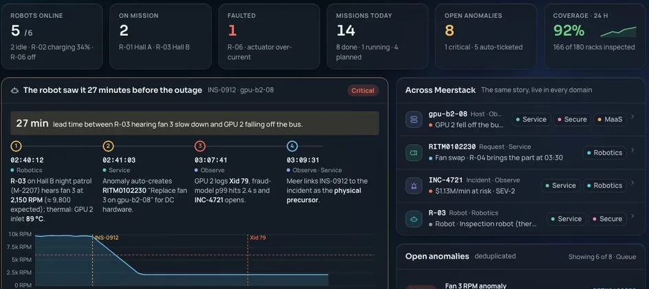 Robotics overview in the Meerstack console, sample data