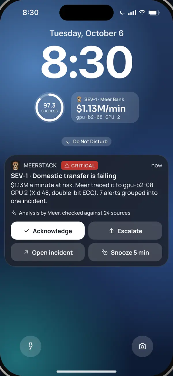 Phone lock screen with a SEV-1 page showing dollars at risk per minute