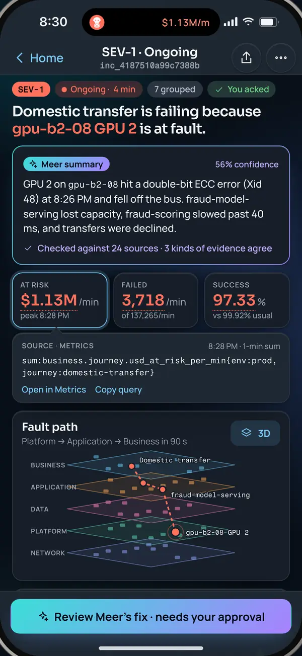 Incident screen opening on Meer’s answer, with evidence and dollars at risk
