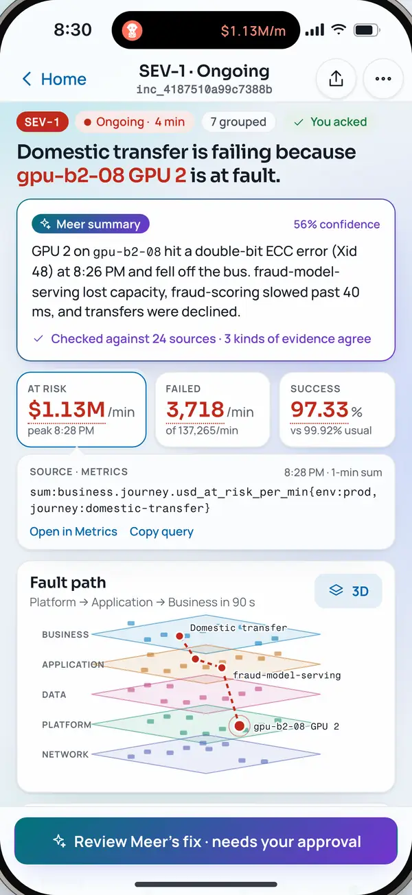Incident screen opening on Meer’s answer, with evidence and dollars at risk