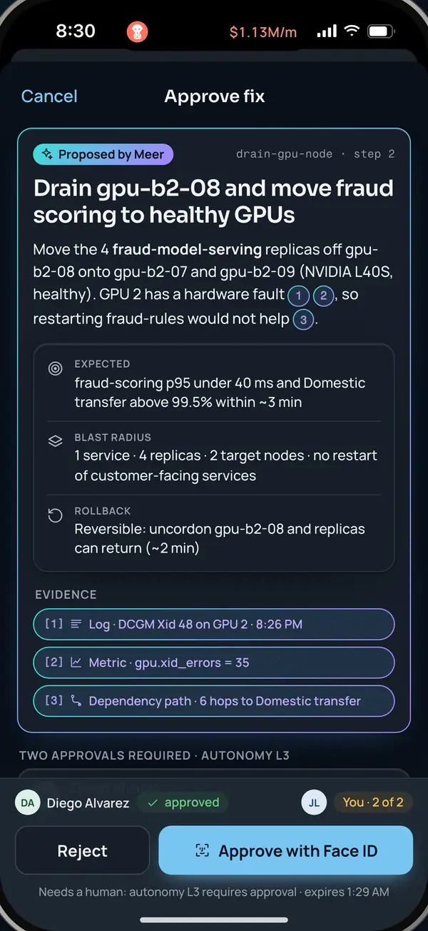 Approve fix screen with blast radius, rollback plan, cited evidence and two approvers