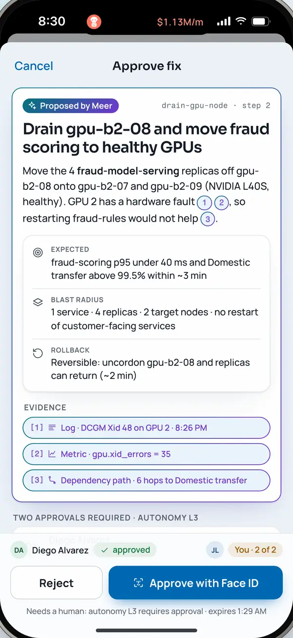 Approve fix screen with blast radius, rollback plan, cited evidence and two approvers
